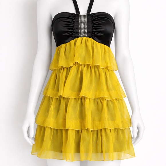 Dresses & Skirts - Strapless Tiered Ruffle Dress in Black and Yellow
